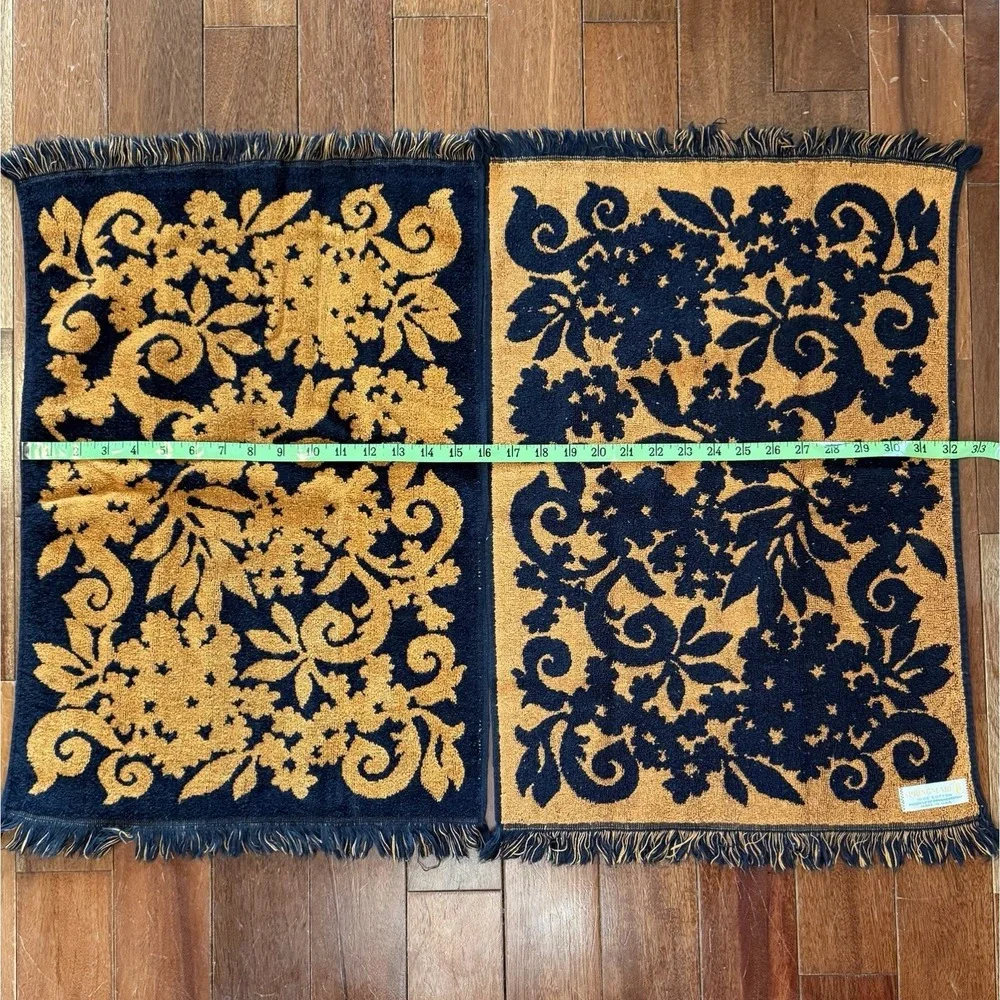 6pc VTG 1960s MCM Springmaid Orange Black Damask Bath Towel Set Hand Washcloth‎